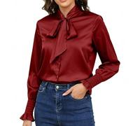 Women's Silk Button Down Blouse Bow Tie Neck Long Sleeve Dressy Elegant Office Work Blouse, Red, L