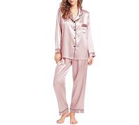 Women's Silk-Like Long Sleeve Pajama Set, Satin Button Down Shirt and Trousers, Autumn Winter Loungewear with Lapel Collar Pink