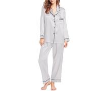 Women's Silk-Like Long Sleeve Pajama Set, Satin Button Down Shirt and Trousers, Autumn Winter Loungewear with Lapel Collar Grey