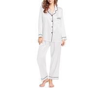 Women's Silk-Like Long Sleeve Pajama Set, Satin Button Down Shirt and Trousers, Autumn Winter Loungewear with Lapel Collar White