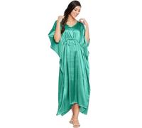 Womens Silk Long Maxi Plain Nightwear Dress Ladies Kimono Sleeve Long Nightdress Silk Satin Kaftan with Drawstring Night Maxi Caftan Plus Sizes UK 8 To 22 Jade Green