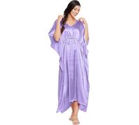 Womens Silk Long Maxi Plain Nightwear Dress Ladies Kimono Sleeve Long Nightdress Silk Satin Kaftan with Drawstring Night Maxi Caftan Plus Sizes UK 8 To 22 Lilac