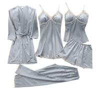 Womens Silk Pajamas 5pc Solid Stain Robe With Belt+2pc Camisole Nightwear+2pc Sleep Pants Soft ounge Sexy Clothes Short Dressing Gown Jacket oungewear Women ink (Grey, XXXL)