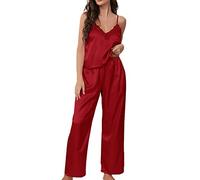 Womens Silk Pyjamas V Neck Soft Satin Sleeveless Camisole Top & Long Panst Two Piece Pajamas Set Pull Over Lace Trim Summer Satin Pyjamas for Women Comfortable Loungewear for All Seasons S-XL Red