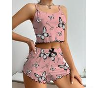 Women's Silk Satin Feel Pajamas Butterfly Print Two Piece(Pink XXL)