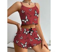 Women's Silk Satin Feel Pajamas Butterfly Print Two Piece(Red XXL)