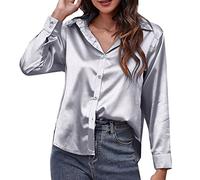 Women's Silk Satin Long Sleeve Blouse - Shiny Summer Loose Shirt With Buttons - Sexy Elegant Jacket Top, Silver, M