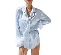 Womens Silk Satin Pajamas Set 2Pcs Long Feather Sleeve Button Down Pjs Set Shorts Loungewear Feather Pajama Party (Blue, Medium)