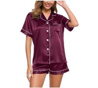 Womens Silk Satin Pajamas Set Summer Short Sleeve Loungewear Two-Piece Sleepwear Button-Down Pj Set Casual V Neck Satin Shirts and Shorts Nightwear 2 Piece Outfits with Pocket