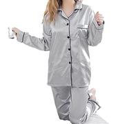- Womens Silk Satin Pajamas Set Two Piece Long Sleeve Sleepwear Suit Loungewear Casual Loose Home Clothes Spring V Neck Nightie