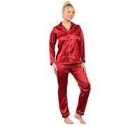 Women's Silk Satin Pyjama Set - Ladies' Soft & Silky Long Sleeve Button-Down Nightwear, Elegant Two-Piece Loungewear Red (16-18)