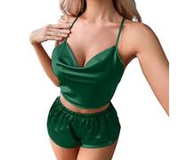 Women's Silk Satin Pyjama Set with Ruffles Seduction Elegant Sleepwear Shorts Combination Comfortable Pyjamas, Green, XXL