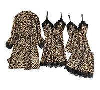 Women's Silk Satin Pyjamas 4-Piece Set with Leopard Print, Sexy Nightdress & Dressing Gown, Brown, L