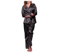 Womens Silk Satin Pyjamas Set Ladies Pajamas Long Sleeve Pj Set Two-Piece Sleepwear Silk Button-Down Nightwear Soft Loungewear Sets Girls Satin Pyjamas Sets Button-Down Pj Set 2PCs (1-Black, XXXL)