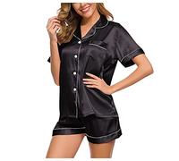 Womens Silk Satin Pyjamas Set: Ladies Summer Short Sleeve Button Down Home Sleep Shirts Pajamas Bottoms Shorts Nightwear Homewear Sleepwear Lounge Outfits Loungewear for All Seasons Black