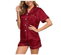 Womens Silk Satin Pyjamas Set: Ladies Summer Short Sleeve Button Down Home Sleep Shirts Pajamas Bottoms Shorts Nightwear Homewear Sleepwear Lounge Outfits Loungewear for All Seasons Red