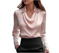 Women's Silk Satin Shirt Cowl Neck Ruched Front Draped Top Fitted Long Sleeve Collar Blouses for Women UK Elegant Smart Formal Office Work Wear Ladies Wrap Pullover Tops Pink