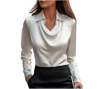 Women's Silk Satin Shirt Cowl Neck Ruched Front Draped Top Fitted Long Sleeve Collar Blouses for Women UK Elegant Smart Formal Office Work Wear Ladies Wrap Pullover Tops White