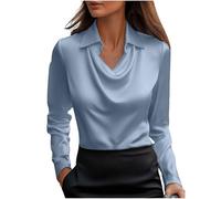 Women's Silk Satin Shirt Cowl Neck Ruched Front Draped Top Fitted Long Sleeve Collar Blouses for Women UK Elegant Smart Formal Office Work Wear Ladies Wrap Pullover Tops Blue