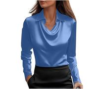 Women's Silk Satin Shirt Cowl Neck Ruched Front Draped Top Fitted Long Sleeve Collar Blouses for Women UK Elegant Smart Formal Office Work Wear Ladies Wrap Pullover Tops Navy