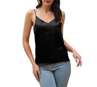 Womens Silk Satin Tank Tops V Neck Camisole Cami Spaghetti Strap Top Summer Basic Blouse(Black,Large)