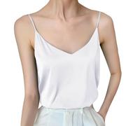 Womens Silk Satin Tank Tops V Neck Casual Sleeveless Camisole Blouses Summer Basic Tank Shirt Silk Loose Spaghetti Strap Satin Lingerie Camisoles Dressy Silky Camisole Fashion Tops (White, L)