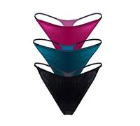 Womens Silk Spandex G-String Thong Panty, Sexy T-Back Underwear with Soft Satin (X-Large, Rose Violet & Turkish Blue & Black)