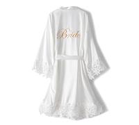 Women's Silky Bride Bridesmaid Robes Satin Kimono Bridal Party Bathrobe With Lace Trim Embroidery Wedding Day Dressing Gown, White, One Size