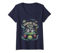 Womens Silly Alien Show ME Your Kitties Cat Love Side Quests V-Neck T-Shirt