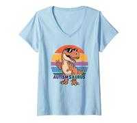 Womens Silly AUTISMSAURUS T-Rex Tism Dino Autism Mom Dad Inclusion V-Neck T-Shirt