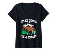 Womens Silly Goose On A Moose Funny Meme Wildlife Animal Lover V-Neck T-Shirt