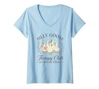 Women's Silly Goose Therapy Club Funny Just Over Here Wingin' It V-Neck T-Shirt