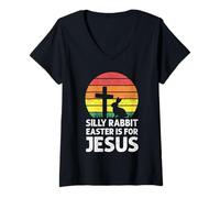 Women's Silly Rabbit Easter is for Jesus Christian Faith Sunset V-Neck T-Shirt