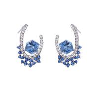 Women's Silver Blue Crystal Statement Hoop Earrings: Bold Center Stone, Dual-Tone Crystals, Sparkling Pave Design, Silver Earring Fashion Party Jewelry Gifts