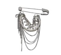 Women's Silver Chain Brooch - Punk Safety Pin Brooch with Pearl & Crystal, Layered Tassel Suit Chain Accessory for Blazers Coats