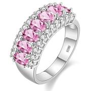 Women's Silver Color Simualted Pink Topaz Ring, 7 Stone Cubic Zirconia Wedding Ring for Girlfriend J501 (Platinum,Pink,Size Q)
