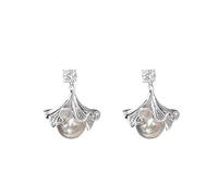 Women's Silver Gingko Leaf Pearl Drop Earrings: Elegant Gingko Leaf Design, Lustrous Pearl & Crystal Accents, Polished Silver Finish, Versatile Formal-Casual Style