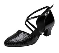 Womens Silver Glitter Latin Dance Shoes Closed Toe Criss Cross Strap Low Heel Ballroom Salsa Tango Practice Party Shoes Black 5.0