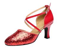 Womens Silver Glitter Latin Dance Shoes Closed Toe Criss Cross Strap Low Heel Ballroom Salsa Tango Practice Party Shoes Red 5.5