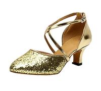 Womens Silver Glitter Latin Dance Shoes Closed Toe Criss Cross Strap Low Heel Ballroom Salsa Tango Practice Party Shoes Gold 4.0