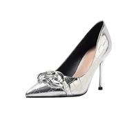 Women's Silver Patent Leather High Heels - Comfort Wedding Shoes for Petite Bride - Pointed Toe Stiletto Pumps for Club Nights,Silver,2 UK