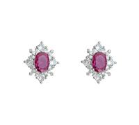 Women's Silver-Tone Oval Ruby-Inspired Crystal Stud Earrings: Vibrant Pink Center Stone, Halo Sparkle Design, Elegant Statement Style