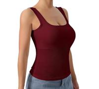 Womens Simple Ribbed Solid Square Neck Tank Top with Removable Chest Pad Ladies All-Match Ribbed Vest Top UK Sizes 6-16 Pack of 2 Dark Red