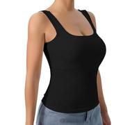 Womens Simple Ribbed Solid Square Neck Tank Top with Removable Chest Pad Ladies All-Match Ribbed Vest Top UK Sizes 6-16 Pack of 2 Black