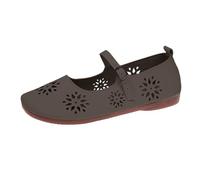 Women's Single Shoes Summer Retro Soft Leather Flat Casual Shallow Mouth Hollow Buckle Outer Wear Hole Shoes Ladies Ballet Pumps (Brown, 5.5)