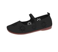 Women's Single Shoes Summer Retro Soft Leather Flat Casual Shallow Mouth Hollow Buckle Outer Wear Hole Shoes Ladies Ballet Pumps (Black, 5.5)