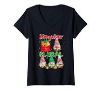Womens Singular Plural Christmas Group Gnomes Funny Grammar Teacher V-Neck T-Shirt
