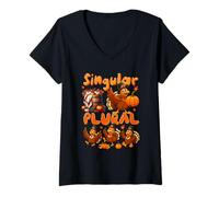 Womens Singular Plural Thanksgiving Group Turkeys Grammar Teacher V-Neck T-Shirt