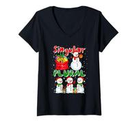 Womens Singular Plural Xmas Group Snowmen Funny Grammar Teacher V-Neck T-Shirt