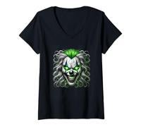 Womens Sinister Clown With Green Glowing Eyes Design V-Neck T-Shirt